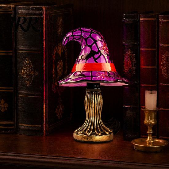 Handmade Witch Hat Lamp Halloween Table Lamp, USB Stained Glass Night Light Vintage Gothic Wizard Decorative for Home,