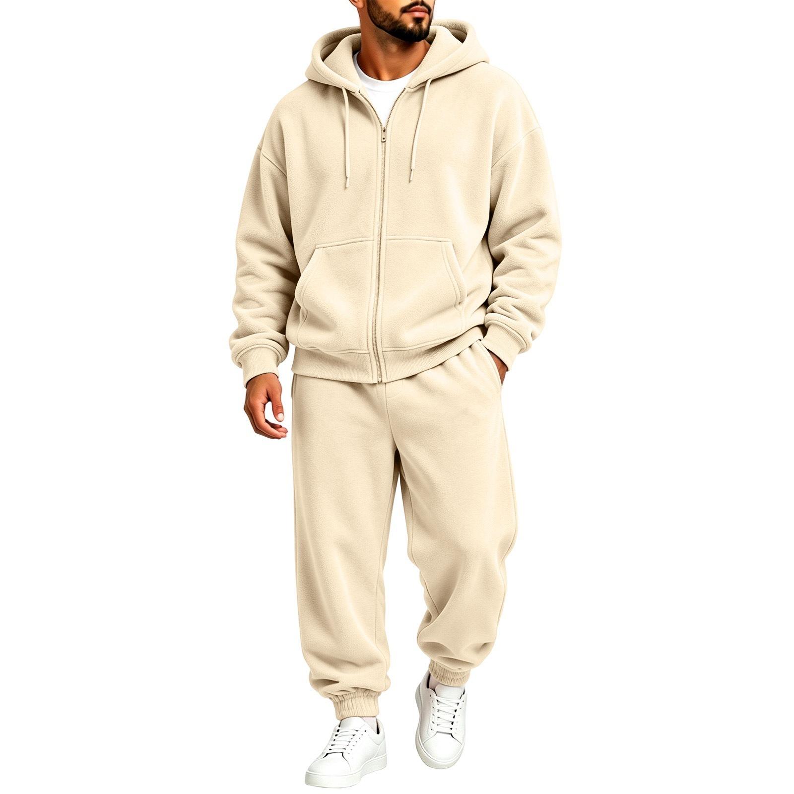Herren Zip-Up Hoodie und Hose Set Lockerer Trainingsanzug für Herbst Winter L beige