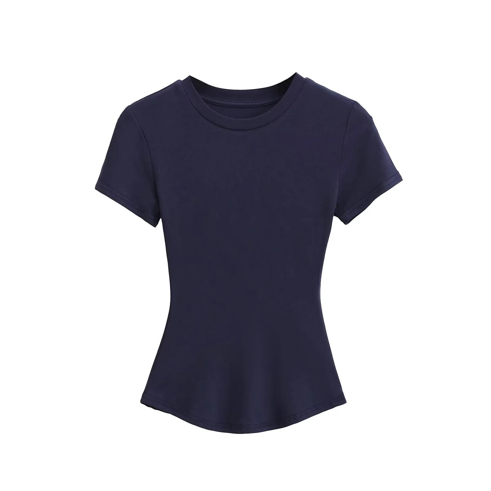 

Приталенная футболка в рубчик «Песочные часы», с круглым вырезом, с коротким рукавом, топ для йоги и фитнеса 2025. Medium темно-синий