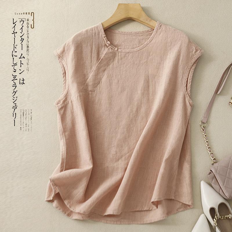 

Повседневные футболки с коротким рукавом для женщин с О-образным воротником, свободный жилет из хлопка и льна, винтажная майка, базовый однотонный топ для женщин, лето S