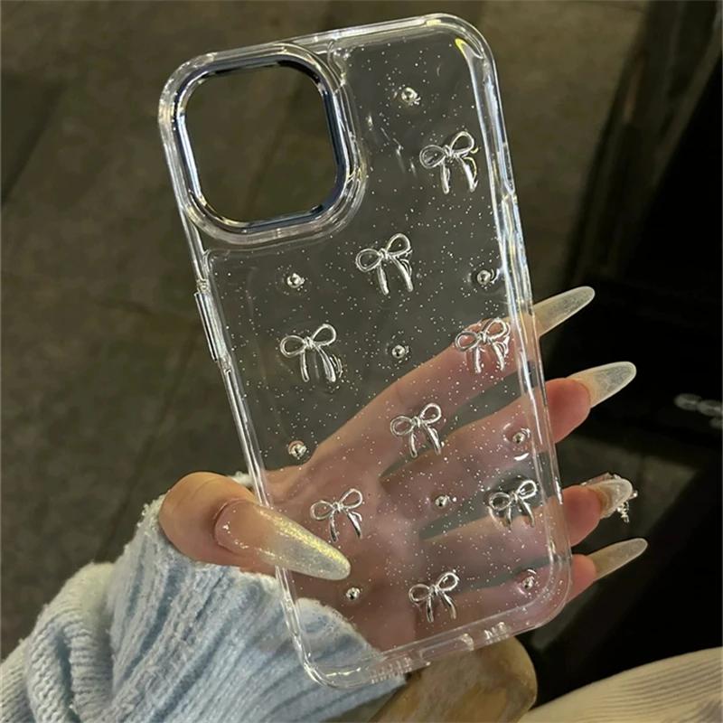 

INS Glitter 3D Silver Bow Bead Case For Samsung Galaxy S25 S24 Ultra S23 S22 Plus S24 FE A14 A15 A35 A55 A34 Epoxy Clear Cover For Galaxy A32 4G
