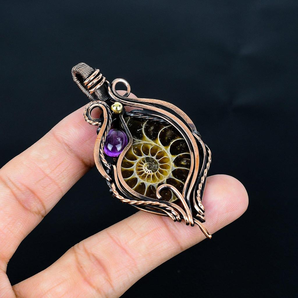 Ammonite Fossil & Amethyst 999 Copper Wire Wrapped Pendant, Handmade Gemstone Jewelry Pendant For Memorial Day