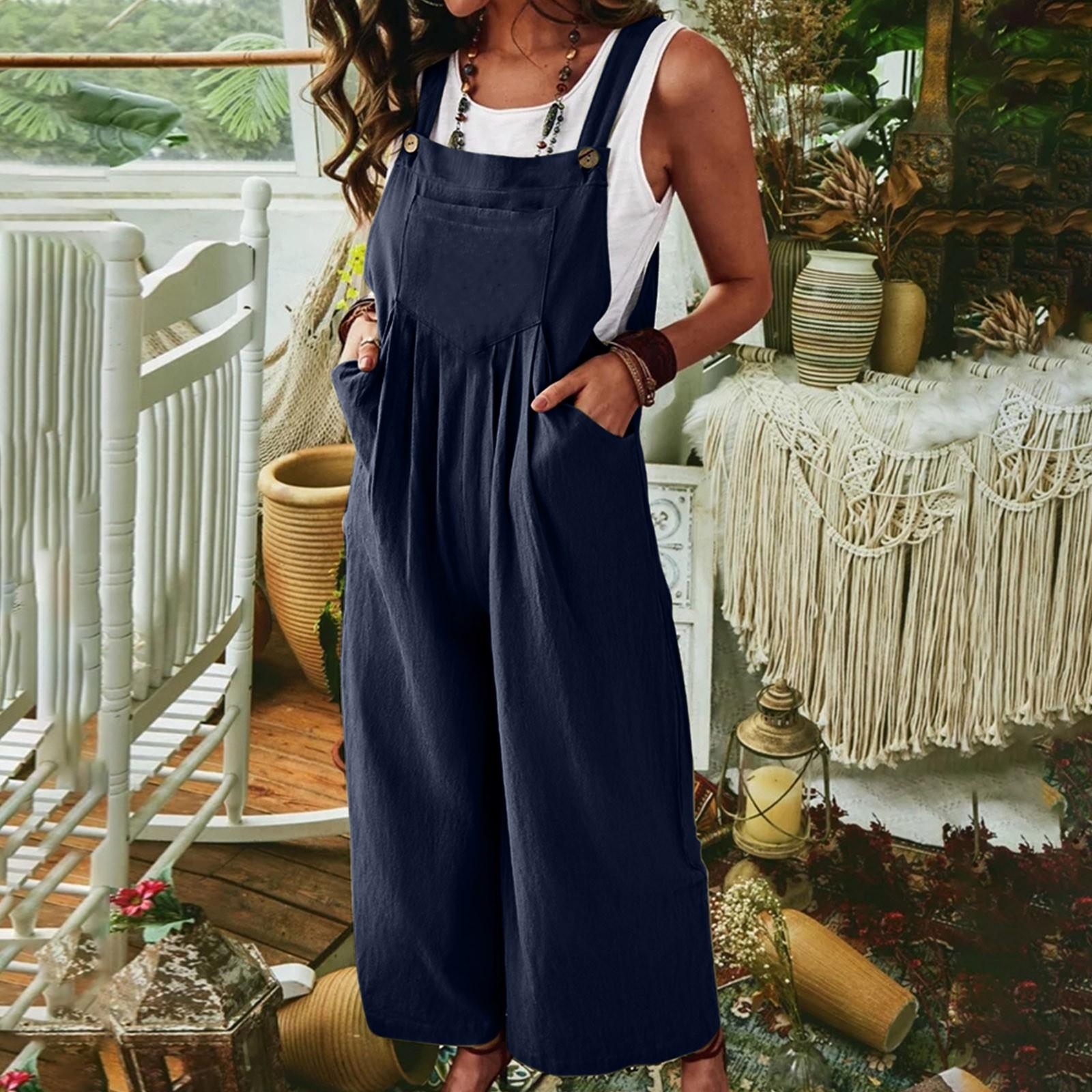 

Women s Summer Casual Color Sleeveless Sling Pocket Wide Leg Side Button Jumpsuit S тёмно-синий