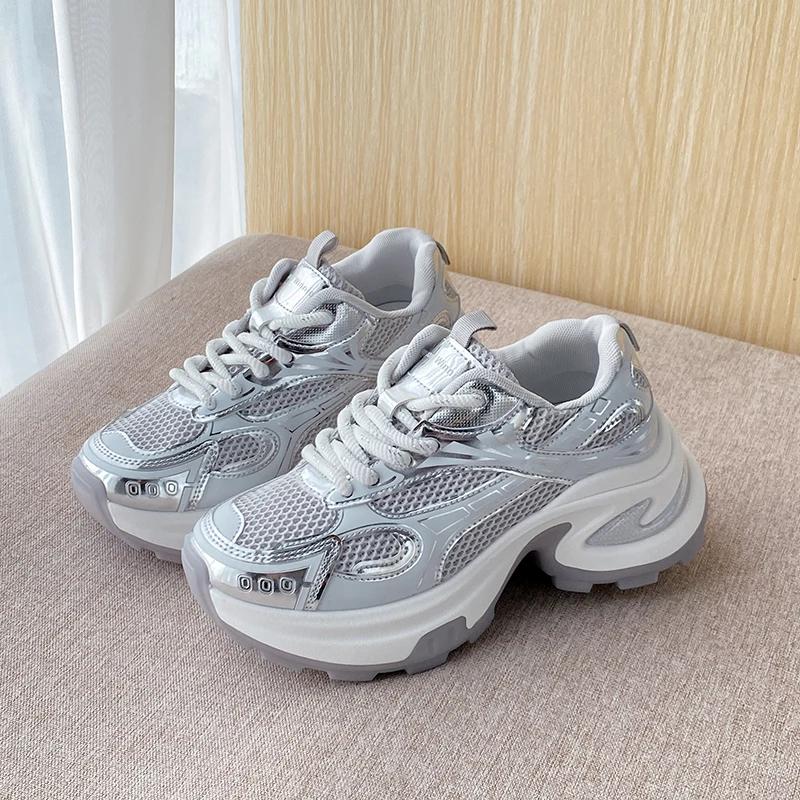 BKQU Sports Shoes for Women Mesh Lace-up Thick-soled Shoes  Spring Breathable Womens Thick-soled Shoes for Women