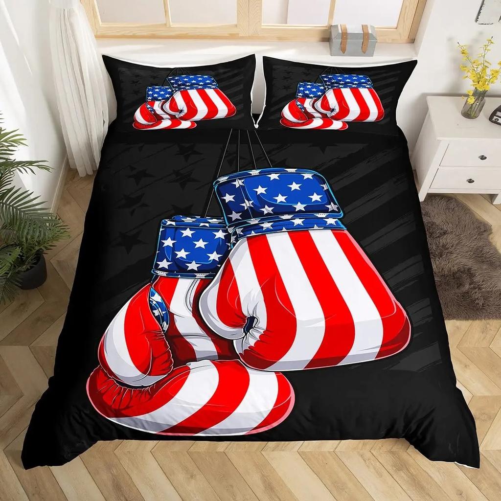 Boxing Bedding Set Red Boxing Gloves Pattern Comforter Cover Sports Theme Duvet Cover Room Pugilism Games Bedding Collection