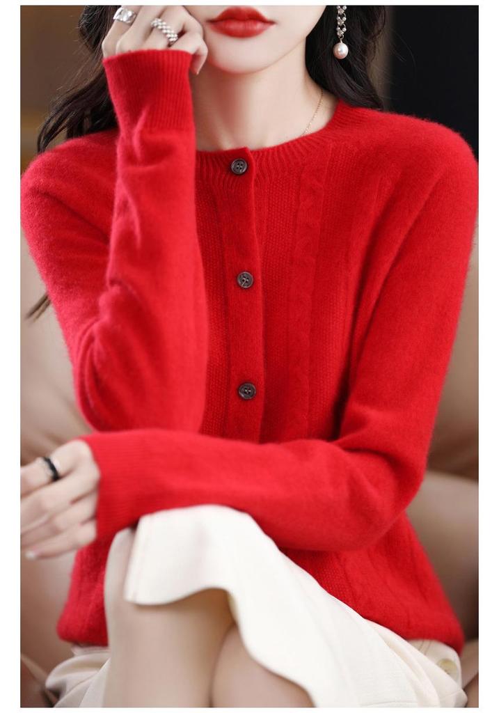 Women's Spring Cashmere Cardigan - Round Neck, Solid Color, Cable Knit, Loose Fit, 100% Pure Wool Sweater