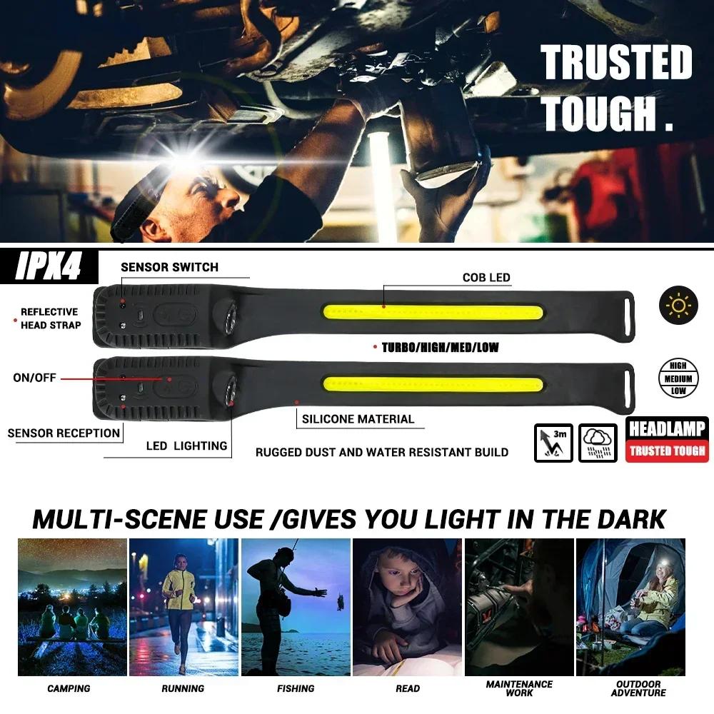 Induction Headlamp COB LED Sensor Head Lamp Built-in Battery Flashlight USB Rechargeable Head Torch 5 Lighting Modes Headlight