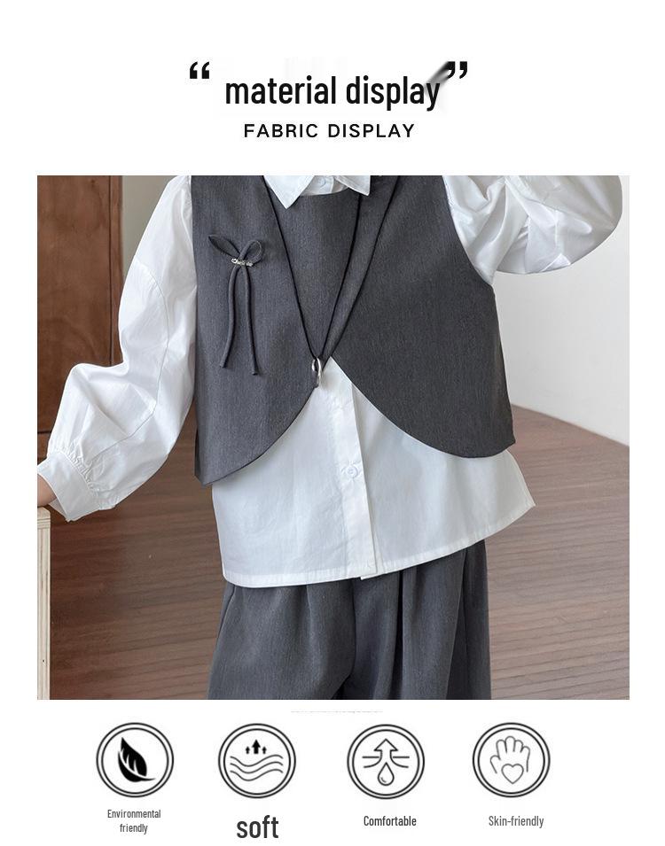 2026 Girls' Spring Academy Style Three-Piece Outfit: Bow Vest, Shirt & Suit