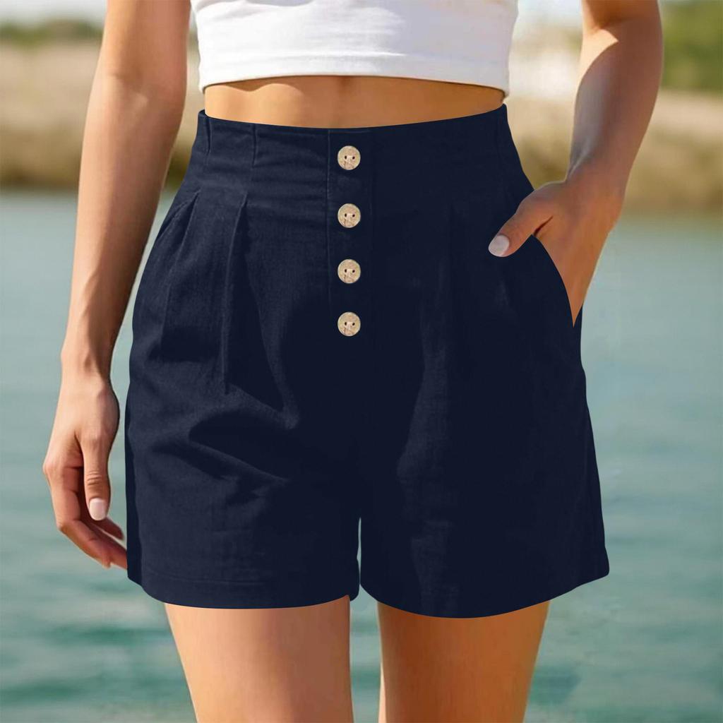 Women High Waist Casual Shorts Button Front Loose Fit Summer Beach Shorts with Pockets for Daily Wear and Relaxed Outings