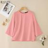 ZANZEA Women Casual Round Neck Solid Color 3/4 Sleeve Loose Blouse