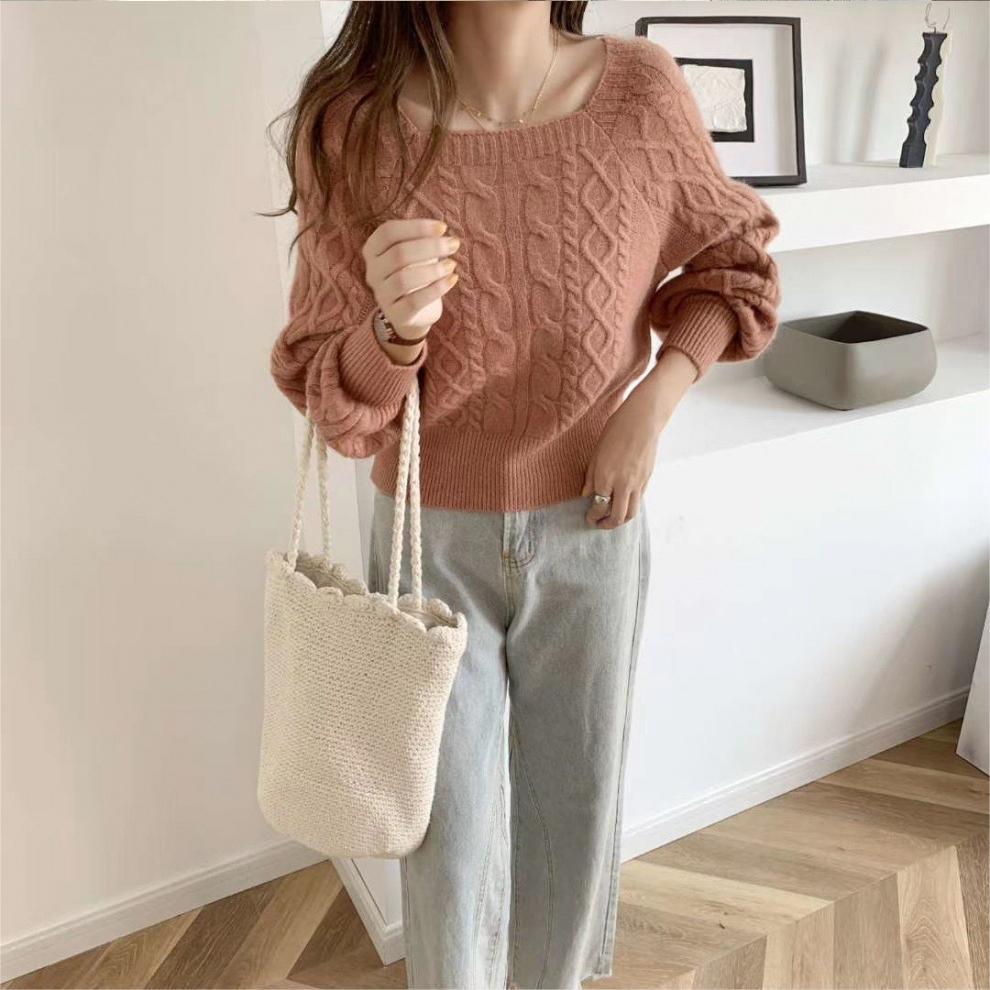 Lantern sleeve top women's spring and autumn literary style French twisted knitted sweater short niche temperament high sense