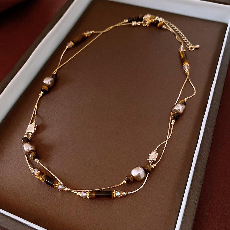 Flower Ceramic Rice Beads Beaded Stacked Necklace Retro Exquisite Collarbone Chain Design Sense Niche Necklace Women