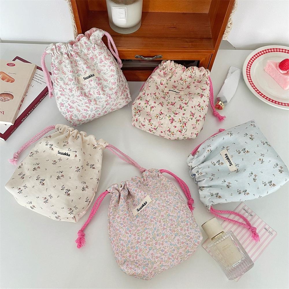 Women Tote Rope String Makeup Bags Organizer Cute Flower Small Lipstick Cosmetic Coin Purse Key Drawstring Storage Bag
