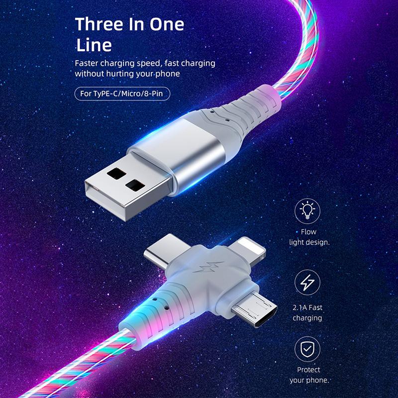 3 in 1 LED Leuchten Fließendes Ladekabel Leuchtende Beleuchtung Schnellladung Micro USB Typ C 1 Meter Länge Für Foto Drahtkabel