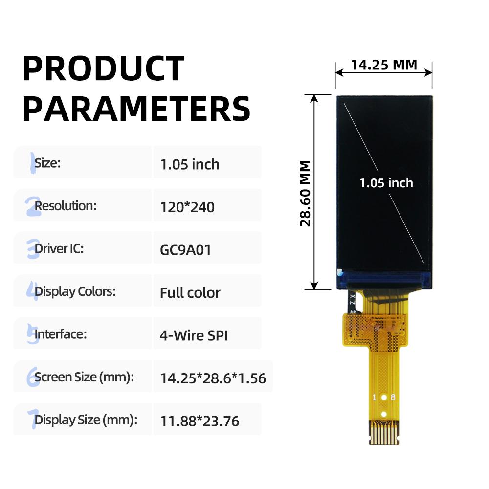 1.05 Inch TFT LCD Display 120x240 Resolution GC9A01 Driver IC 4-Wire SPI Interface 13P Connector 262K Color Operating