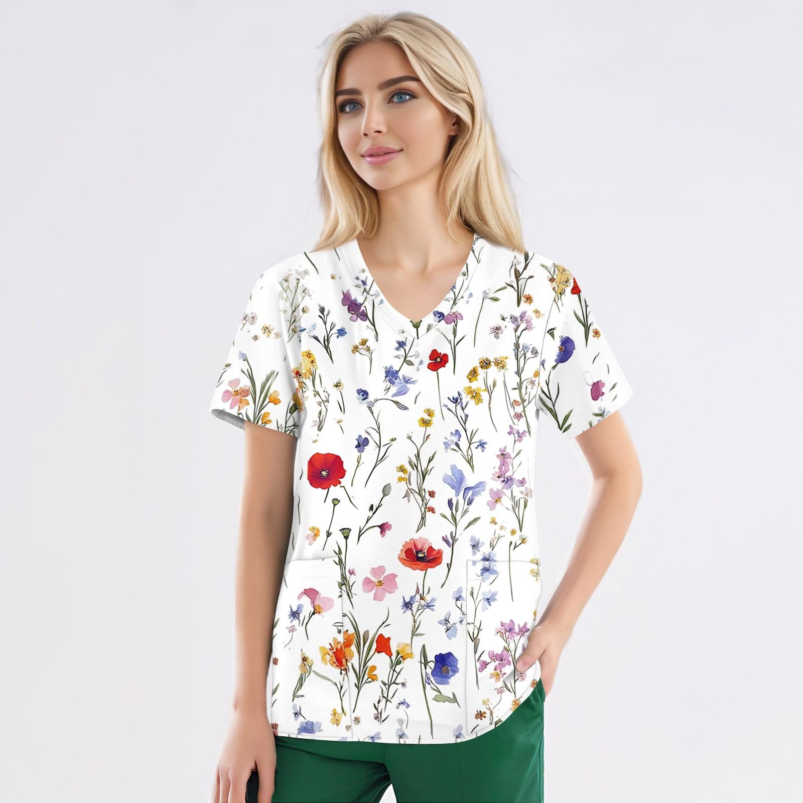 

Робоча уніформа з друкованим малюнком великого розміру Топи для жінок з V-подібним вирізом і короткими рукавами Веселі футболки Робочий одяг Футболка з кишенями M білий