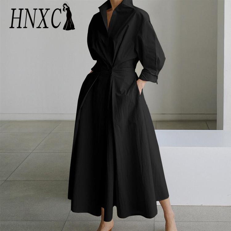 HNXC Women Casual Loose Long Dress Turn-down Collar Long Sleeve