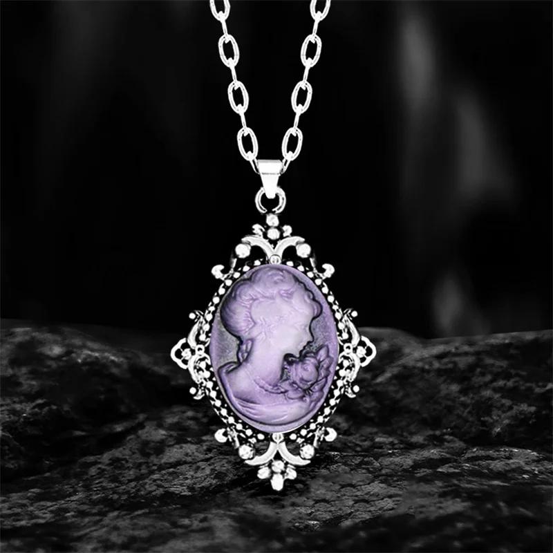 

6 Colors Vintage Lady Queen Cameo Necklace For Women Antique Silver Plated Plant Cameo Pendant Stainless Steel Chain Necklace 70cm