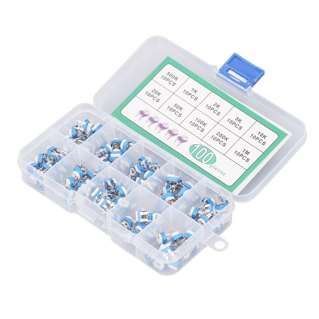 100 Pcs Variable Resistor 10 Values 500R To 1M RM065 Blue White Trimmer Potentiometer Assortment Kit