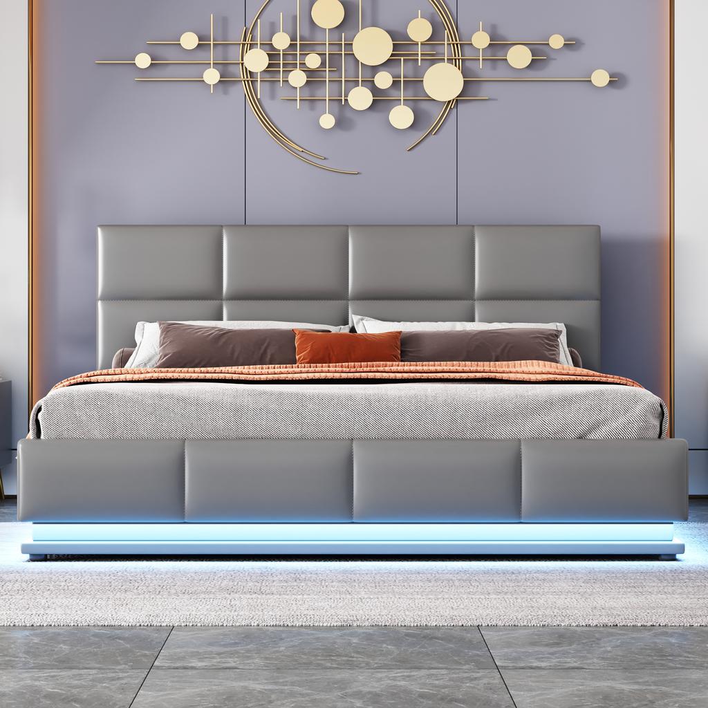 Letto imbottito 160 x 200 cm con LED, rete a doghe in metallo e contenitore, testiera regolabile in altezza e contenitore idraulico, grigio (senza materasso)