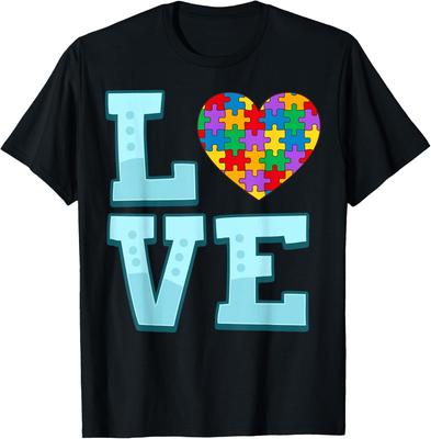 Autism Love Puzzle Heart Graphic Men's Cotton T-Shirt Casual Awareness Support Tee