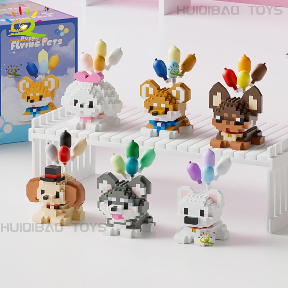 HUIQIBAO MINI Cute Pet Balloon Cat Dog Micro Building Block Set City Cartoon Animal Diamond Home Decoration Bricks Toys Adult