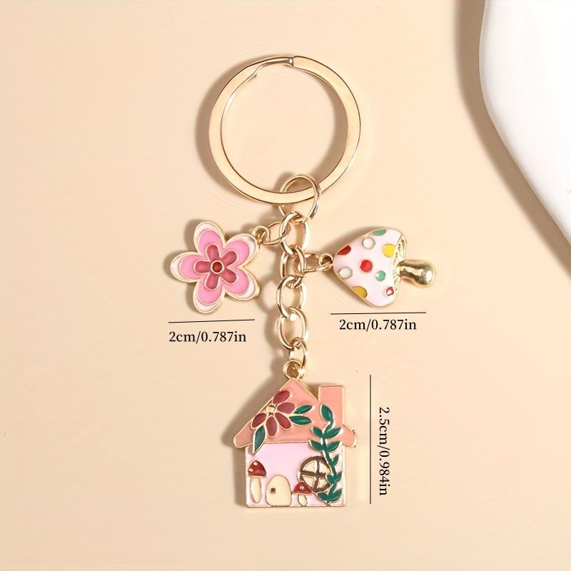 Metal Keychain Set with House Flower and Mushroom Charms for Bag Pendant Durable Alloy Material Key Ring Accessories