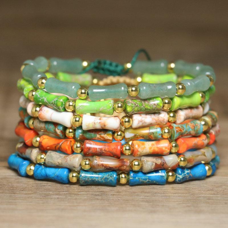 Bracciale con Perle di Bambù in Avventurina Verde – Accento Dorato Regolabile Gioiello Delicato, Regalo Fortuna Prosperità per Donne