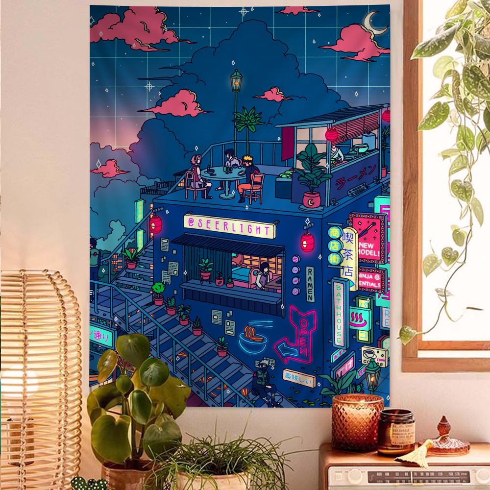 City Night Moon Aesthetic Tapestry Japanese Anime Boosts Home Decor and Room Atmosphere Bedroom Tapestry Living Room Tapestry