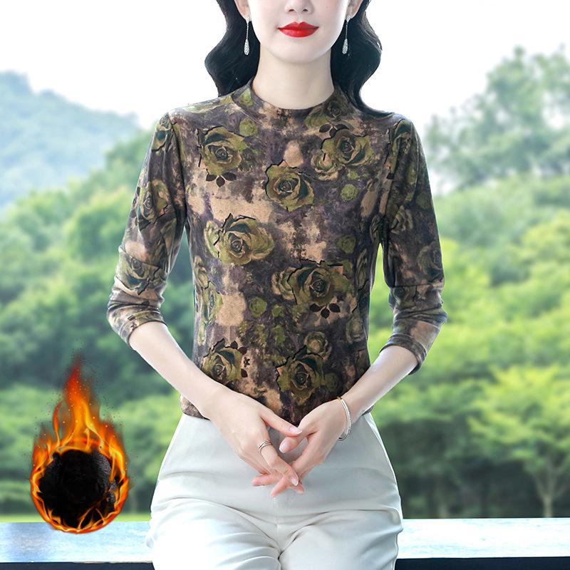 Velvet Printed Base Blouse for Women In Winter Latest Long-sleeved Top Pullover Versatile Mother T-shirt Blouse