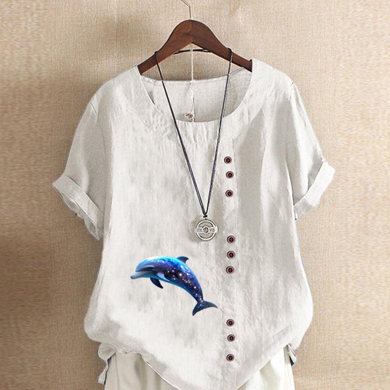 Women's Fashion Round Neck Short Sleeve T-shirt Casual Cotton Linen Graphic Shirt Dolphin Prined Summer Blouse Tops Plus Size