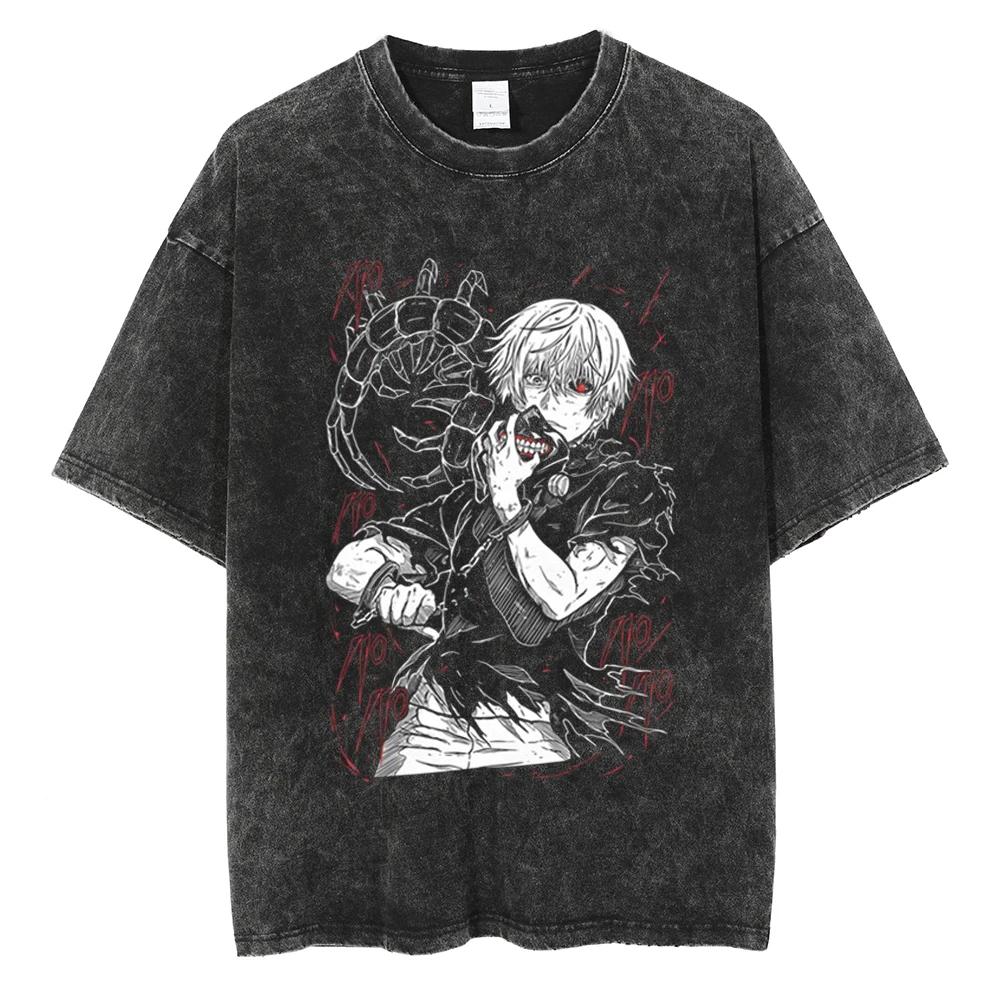 2026 Summer Retro Tokyo Ghoul T-shirt, Kaneki with "Tokyo Ghoul" & "Ken Kaneki" Text Anime Streetwear Washed Tee For Teens