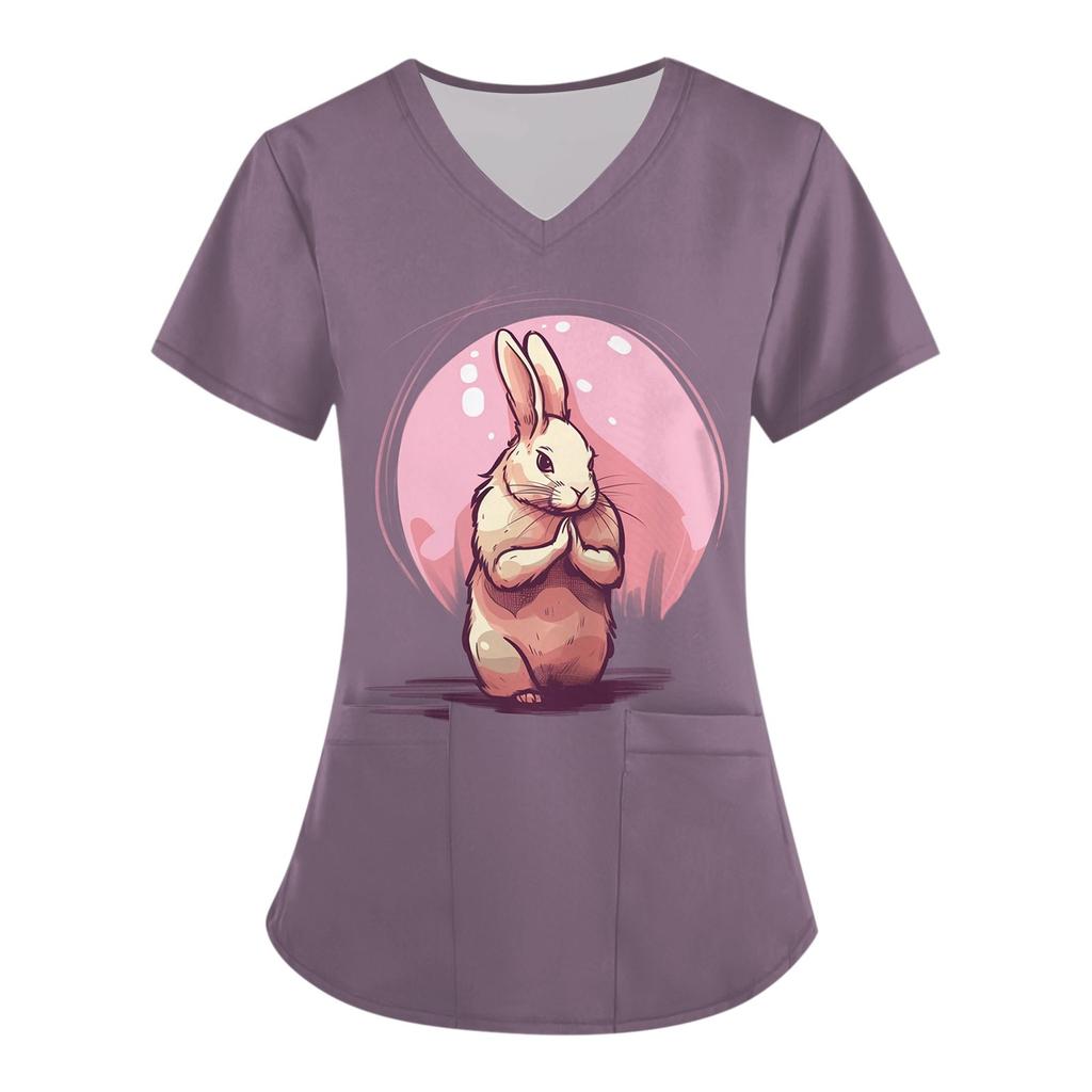 Women's Fashion V-neck Short Sleeve Workwear With Pockets  Printed Tops