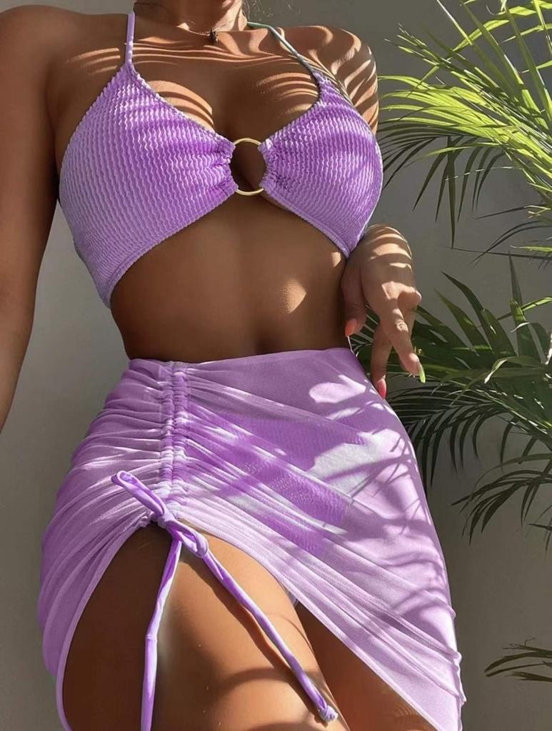 Women's Fashion Split Slim Solid Color Hanging Neck Three Sets Of Bikini Beach Dress Set (3 Sets With Chest Pads Without Steel Bra)
