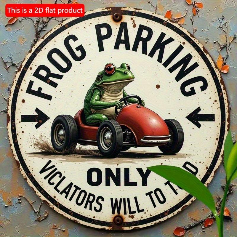2d Flat 20*20cm Retro Style Circular Wooden Frog Parking Sign, Fantasy Cartoon Frog Driving Red Car Design, Wall Decor for Homes, Offices, Cafes, Bars