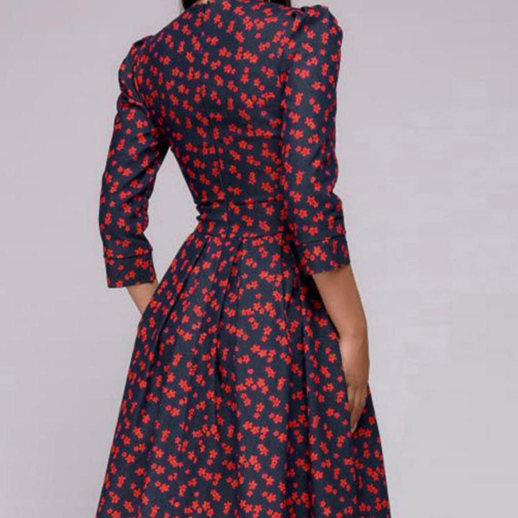 Women's Floral Vintage Dress Elegant Midi Evening Dress 3/4 Sleeves