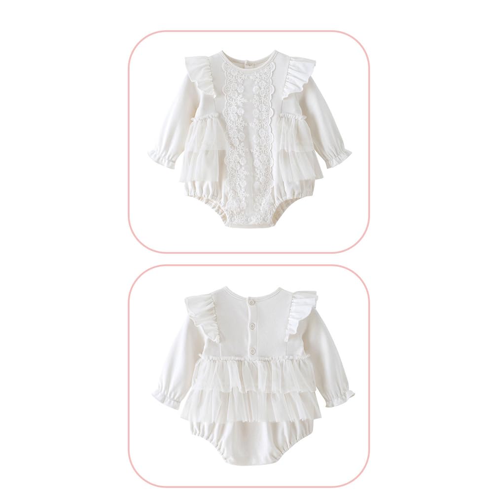 Baby Clothes Clothes Long Sleeve Bodysuit Girls Newborn Baby Preparing for Birth Gift Luxury Ruffle Hair Ornament Lace White 6M [Baby koi]