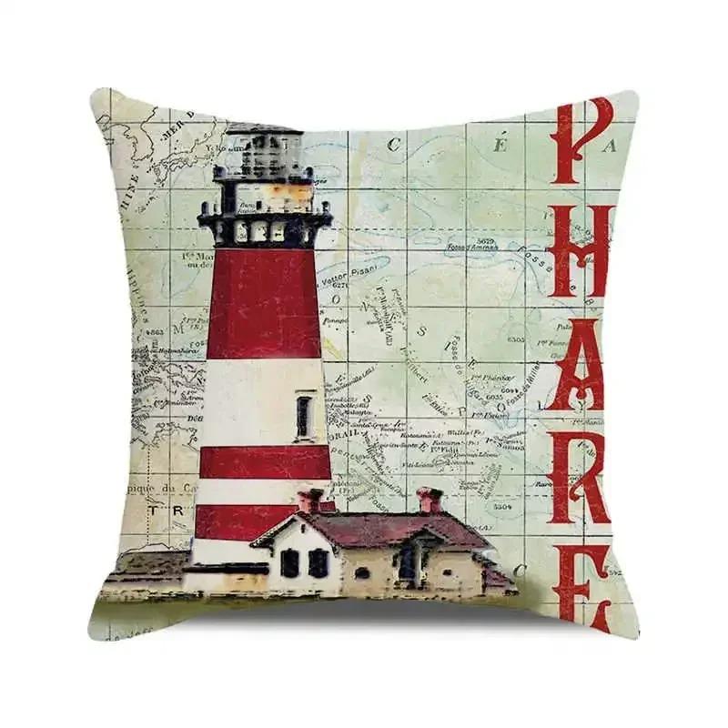 Watercolor Painting Nautical Lighthouse Ocean Seagull Boat Home Sofa Cushion Cover Home Decor Pillowcase