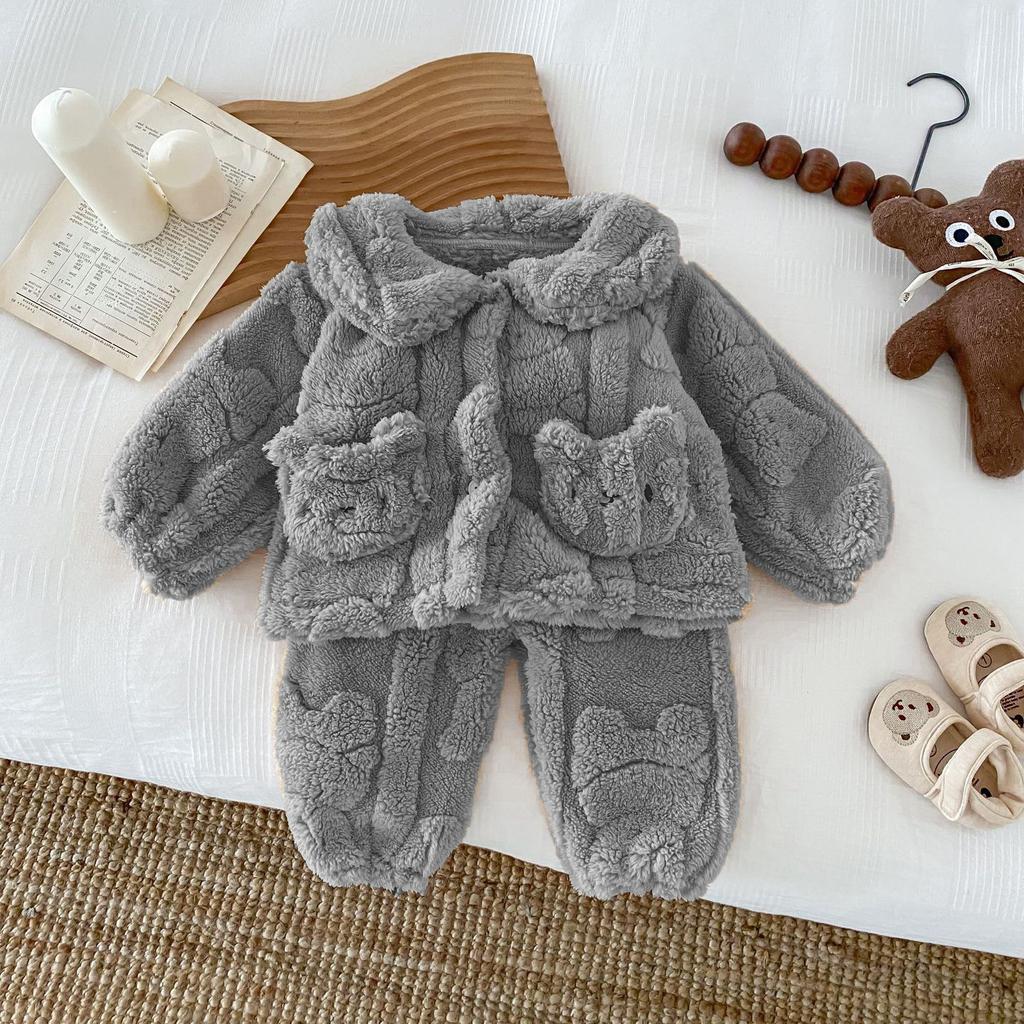 Pysjamas for barn, høst og vinter, fortykket fleece-barnesett Lapel Xiao Xiong Shu bomullsfleece til barneklær