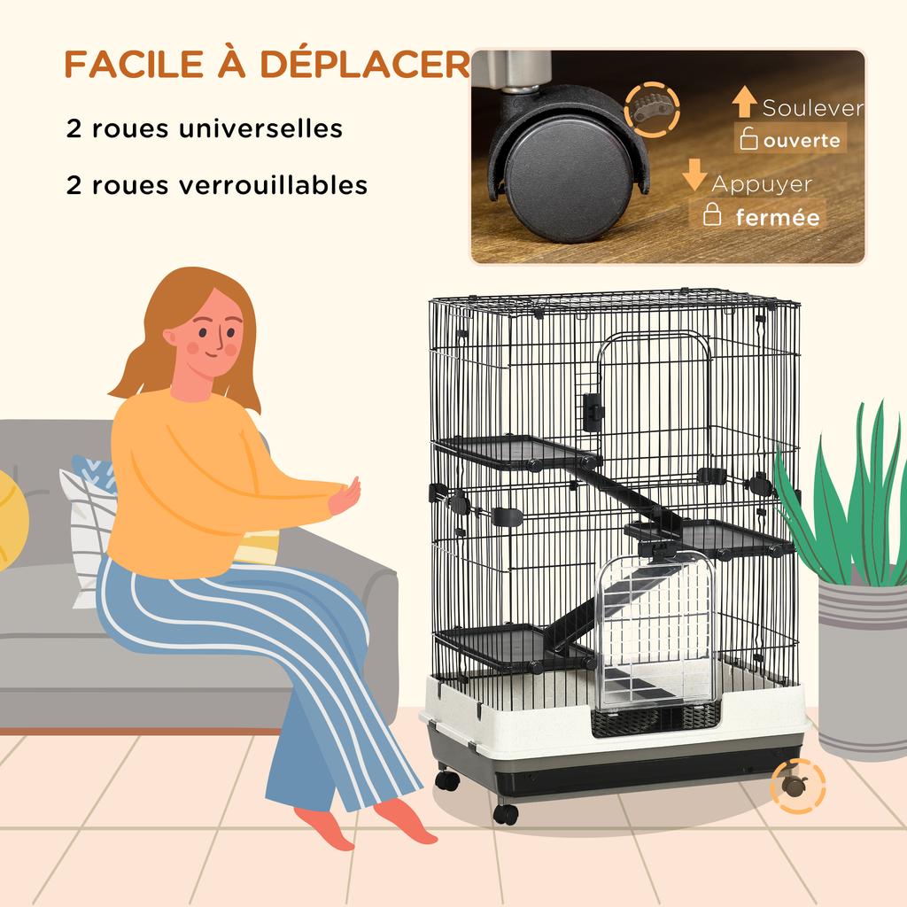 Four-Tier Small Animal Cage, for Bunnies, Ferrets, Chinchillas w/ Wheels, Tray - Black