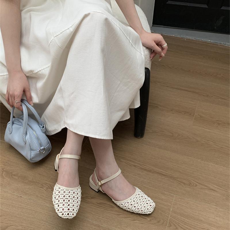 Fashion Vintage Woven Hollow Sandals Women Fashion Round Toe Ankle Strap Buckle Casual Shoes Elegant Comfortable Sandalias De Mujer
