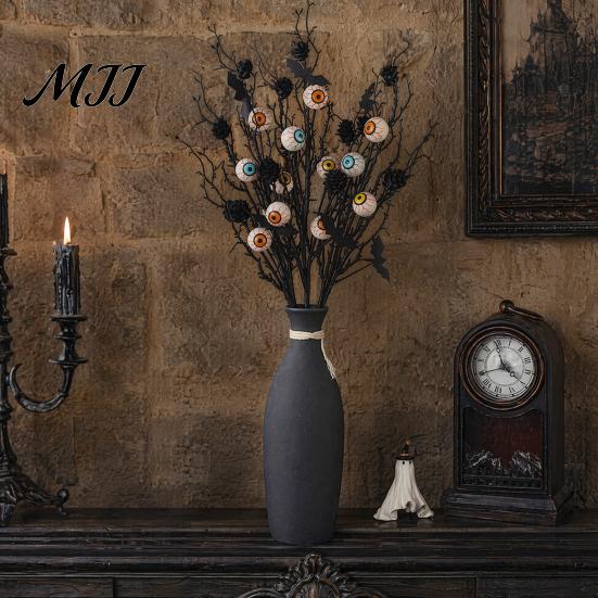 Halloween Spooky Decor Black Artificial Branches, Scary Eyeballs Picks with Bats Pine Horror Atmosphere Cones for Gothic Vase Filler,
