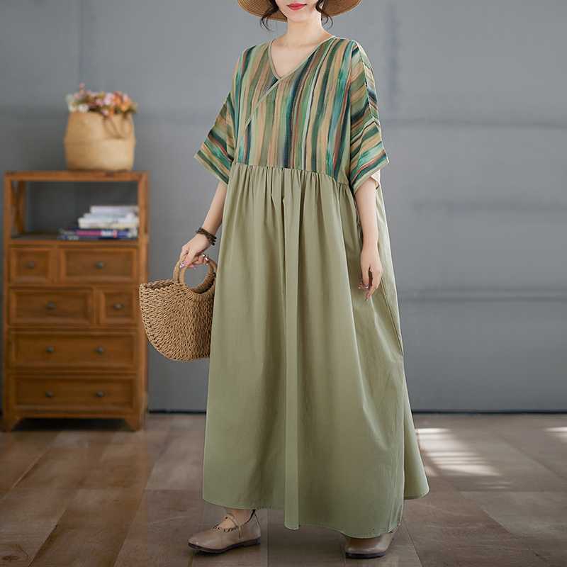 Cotton and Linen Summer Patchwork Retro Style Dress Long Skirt
