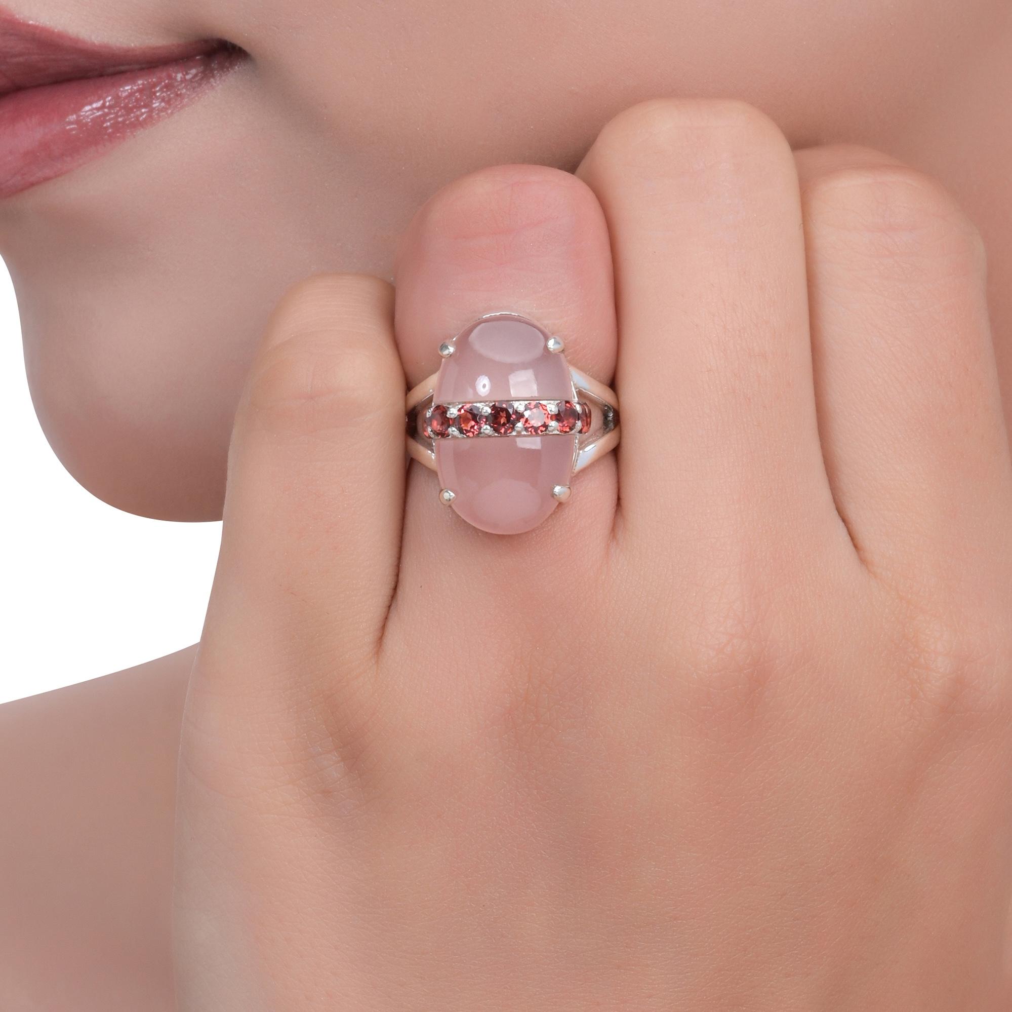 

Unique Women s 925 Sterling Silver Oval Gemstone Statement Ring – Mojave Turquoise, Green Onyx or Rose Quartz with Faceted Accent Stones US 4 рожевий/червоний