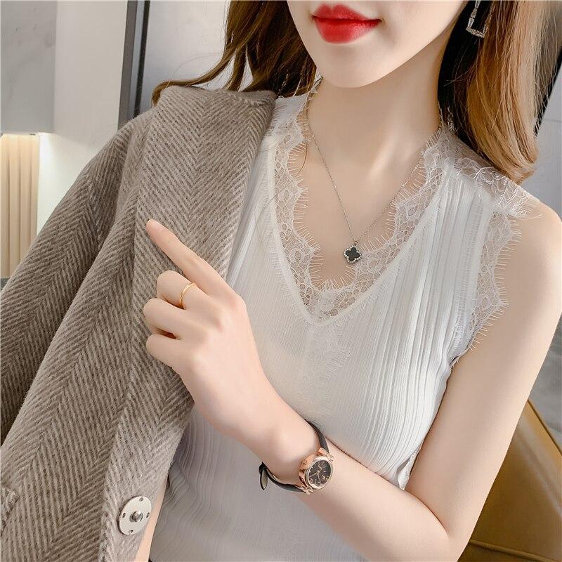 Léto bez zad Sexy duté krajkové pletené halenky Ženy Bez rukávů Jednobarevné Tenké Ledové Ležérní Košile Módní Kancelář Dámská tílka 25380