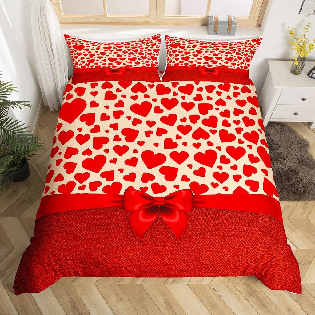 Red Love Heart Duvet Cover For Couples,Bow Romantic Bedding Set Valentines Day Loving Hearts Quilt Cover Wedding Comforter Cover