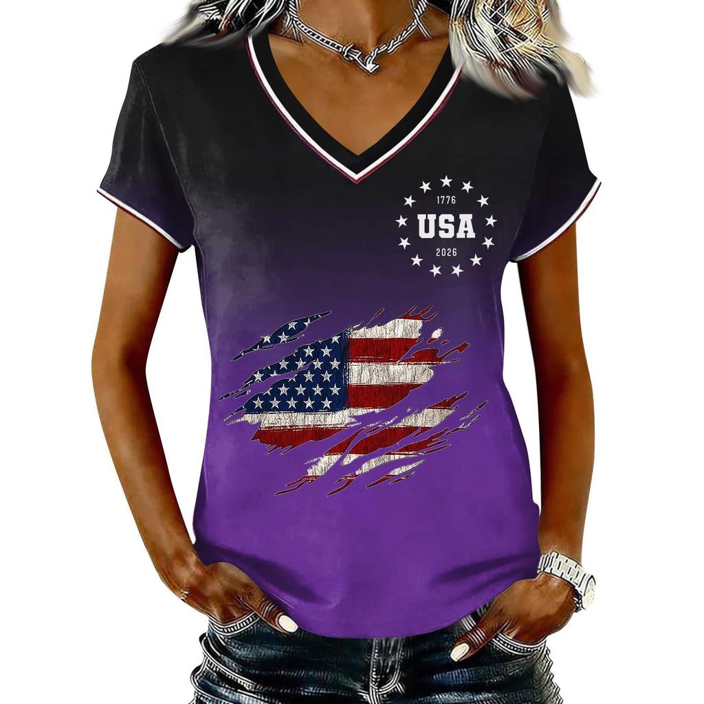 T-shirt Pull Col V Manches Courtes Décontracté pour Femme Imprimé Patriotique Dégradé Haut Jour de l'Indépendance T-shirt Graphique Drapeau USA