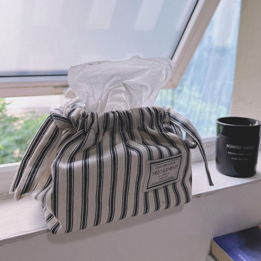 Korean Style Drawstring Tissue Bag Cotton Paper Towel Dispenser Stripe Napkin Holder Bathroom