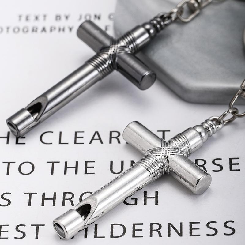 Cross Whistle Stainless Steel Keychain Creative Fun Design Hip Hop Couple Style Practical Backpack Pendant