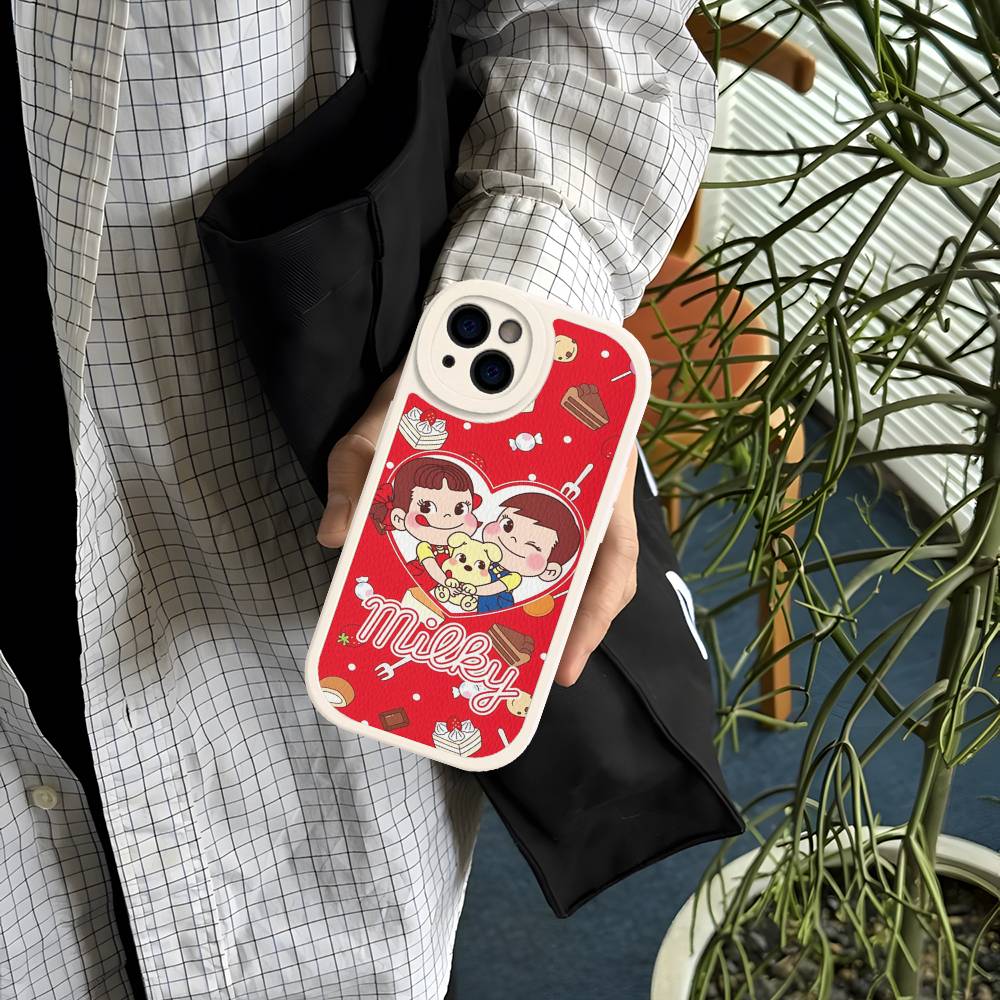 Fujiya Milky Peko Chan Phone Case For IPhone 16 15 14 13 Pro Max 11 12 Plus Leather Silicone Cover